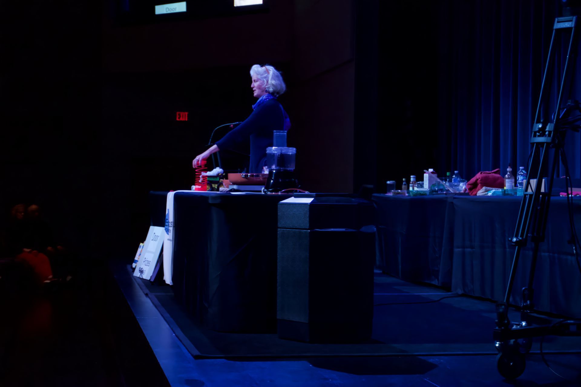 A woman is standing in front of a microphone on a stage.