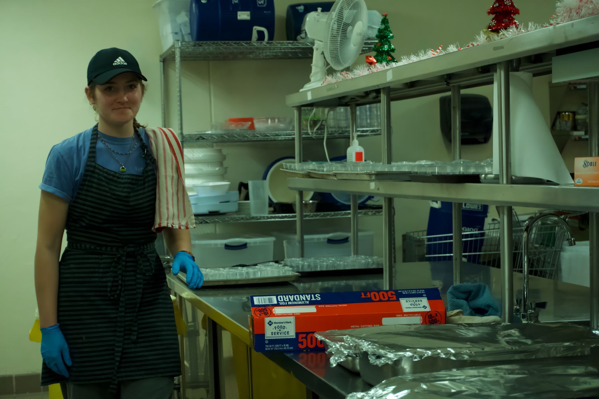 A woman in an apron and blue gloves is standing in a kitchen.