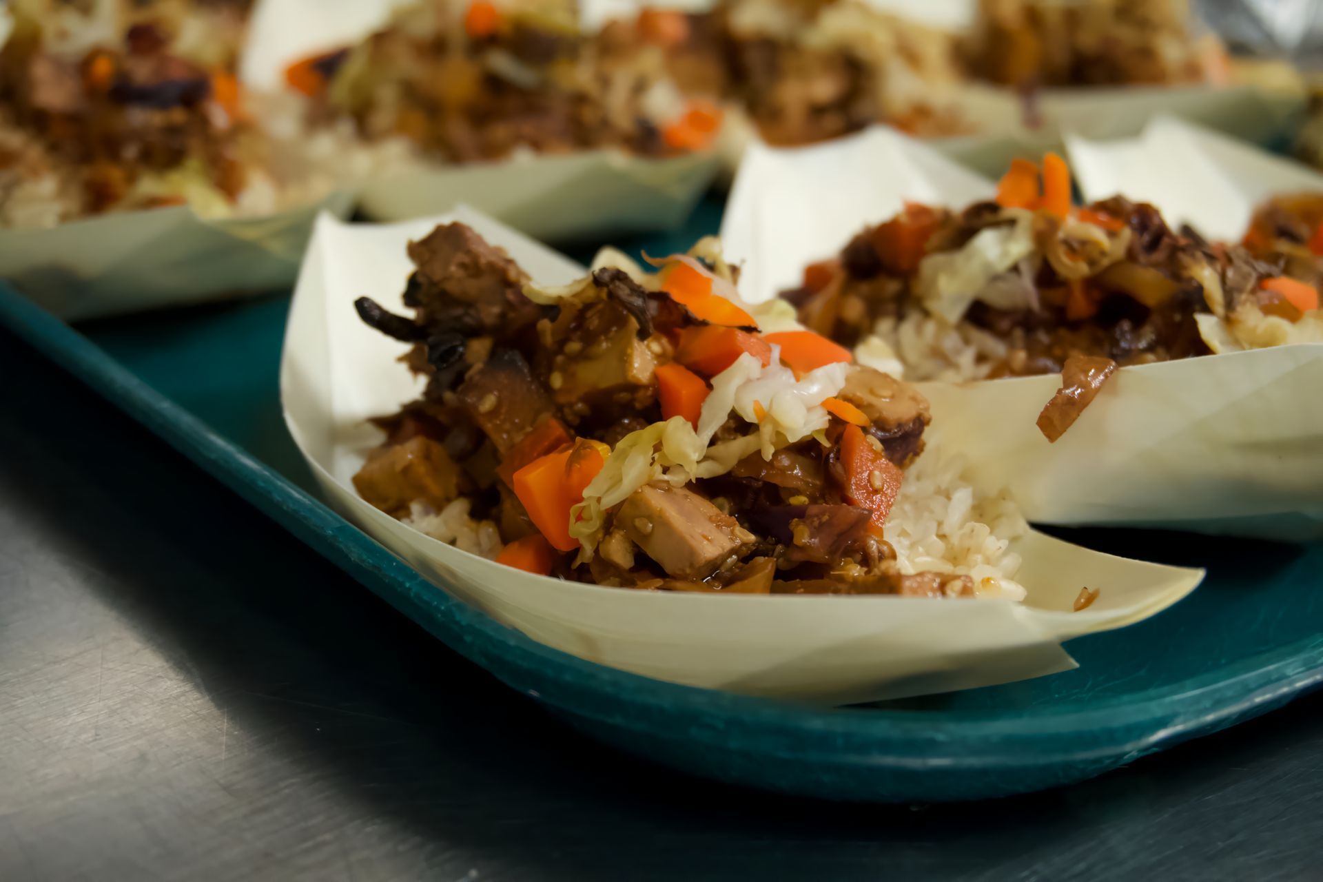 A close up of a tray of food on a table.