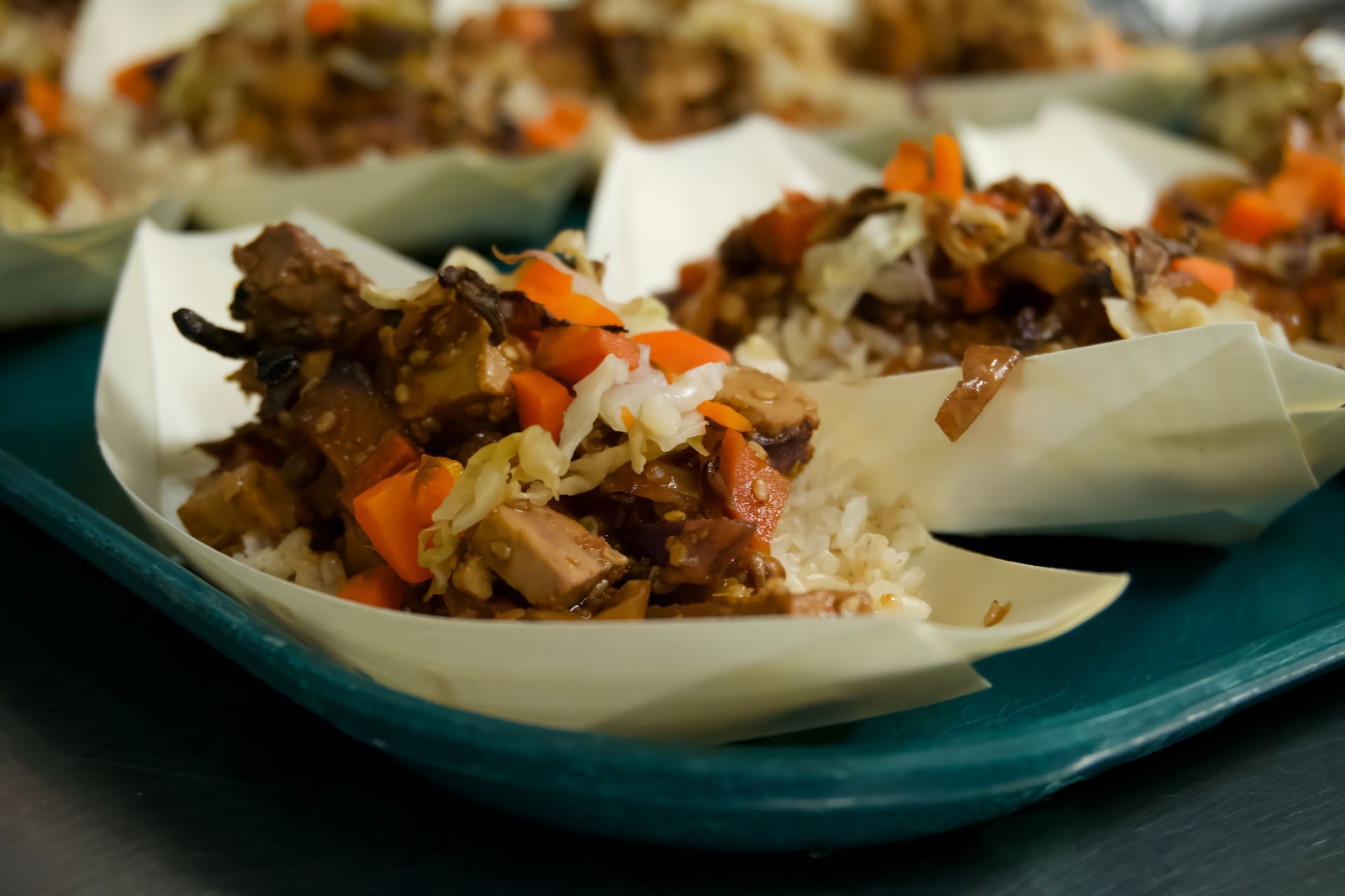 A close up of a tray of food on a table