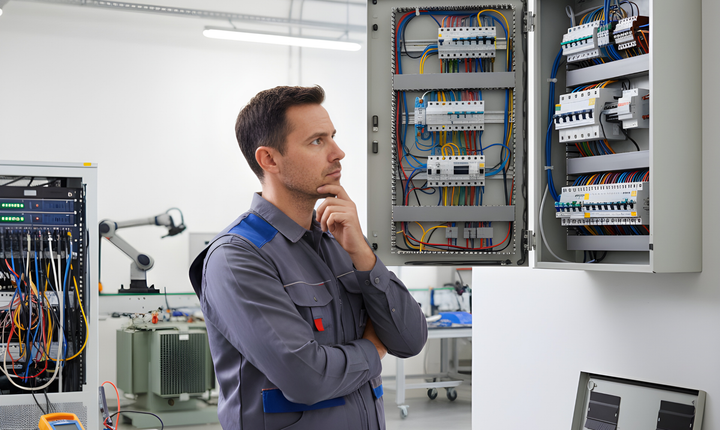 Man in work clothes examines open electrical panel, thoughtful expression. Interior, industrial setting.