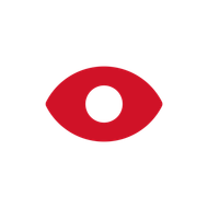 A red eye with a white circle in the middle on a white background.