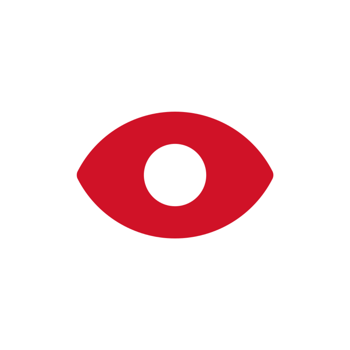 A red eye with a white circle in the middle on a white background.