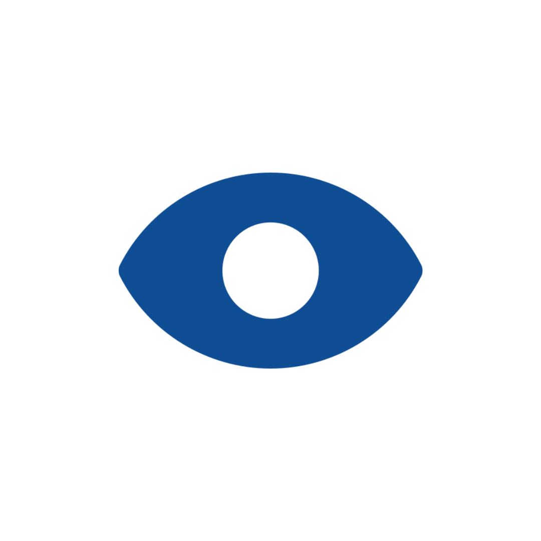 A blue eye with a white circle in the middle on a white background.