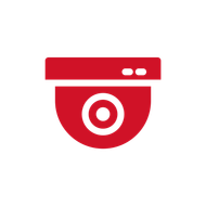 A red icon of a camera with a white circle in the middle.