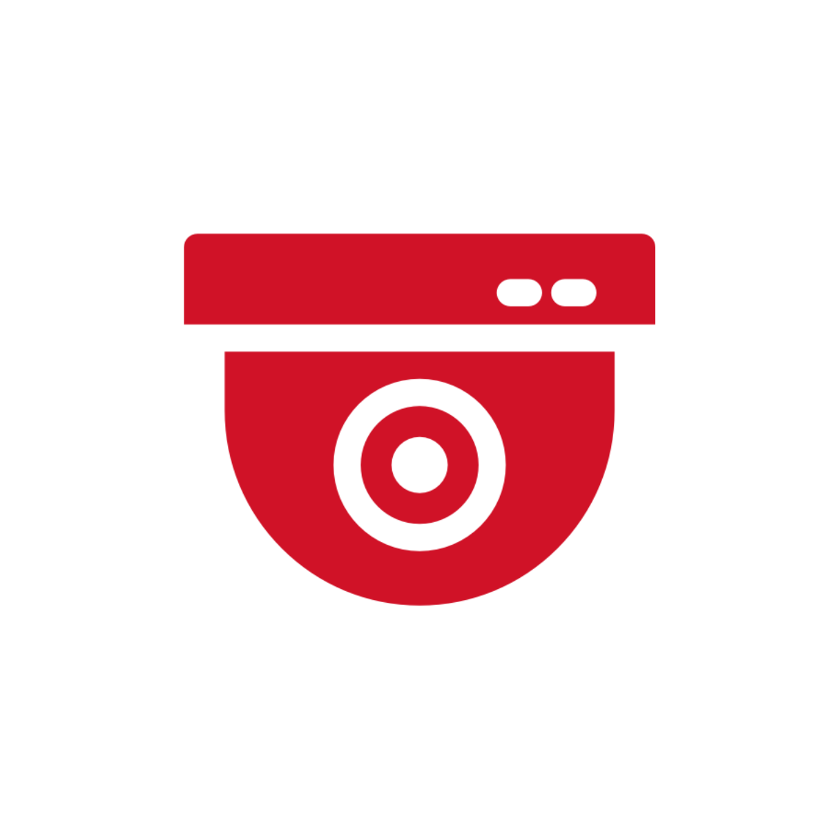 A red icon of a camera with a white circle in the middle.