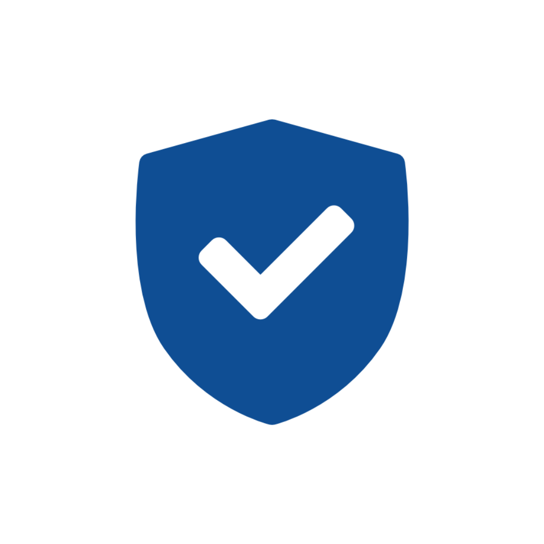 A blue shield with a white check mark on it.