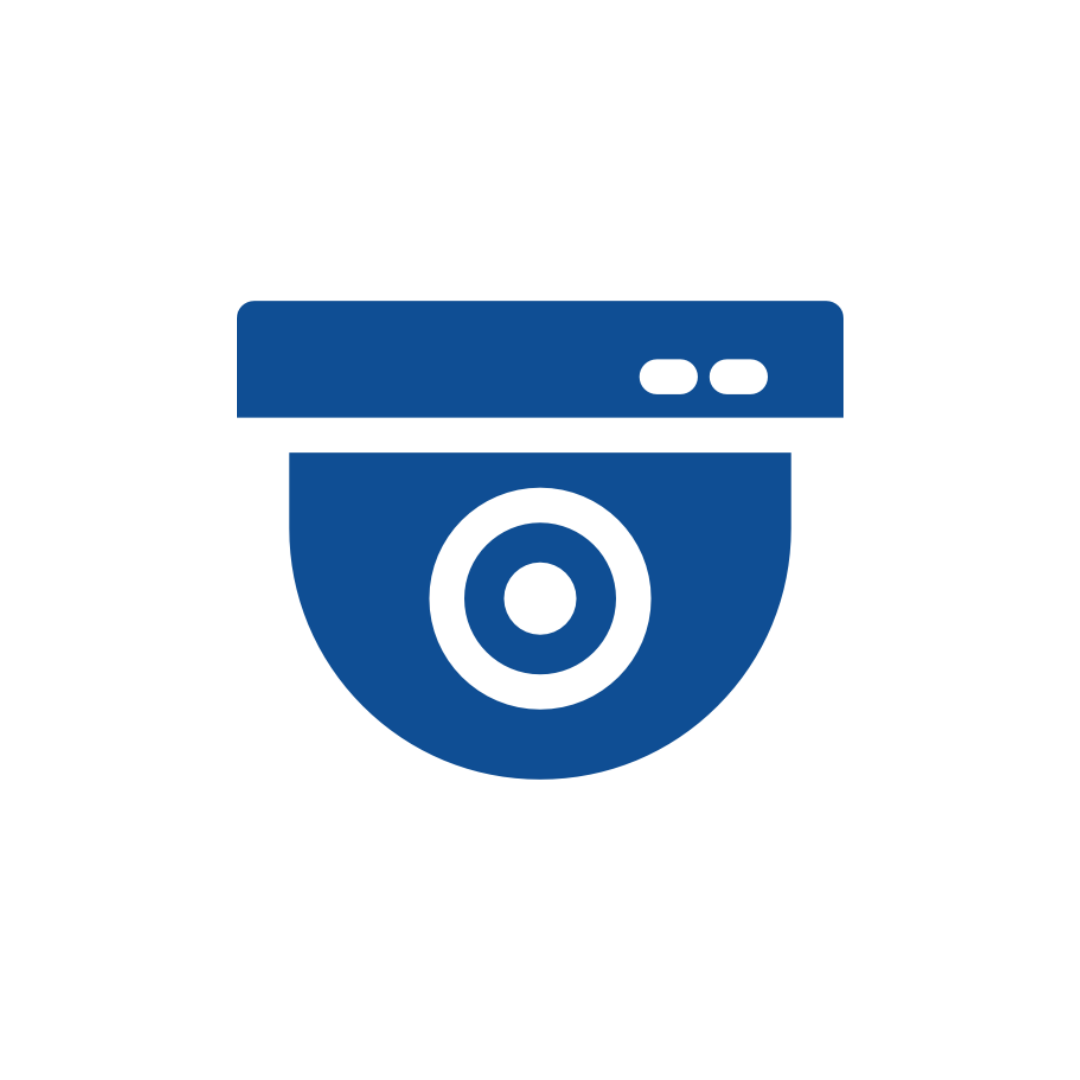 A blue icon of a security camera on a white background.