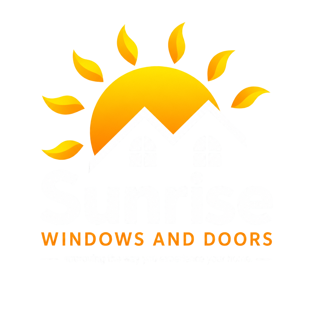 Orange sun and leaves logo above the words “WINDOWS AND DOORS”