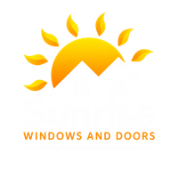 Orange sun and leaves logo above the words “WINDOWS AND DOORS”