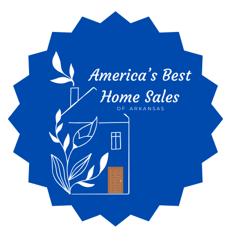 Blue emblem with white house outline, text