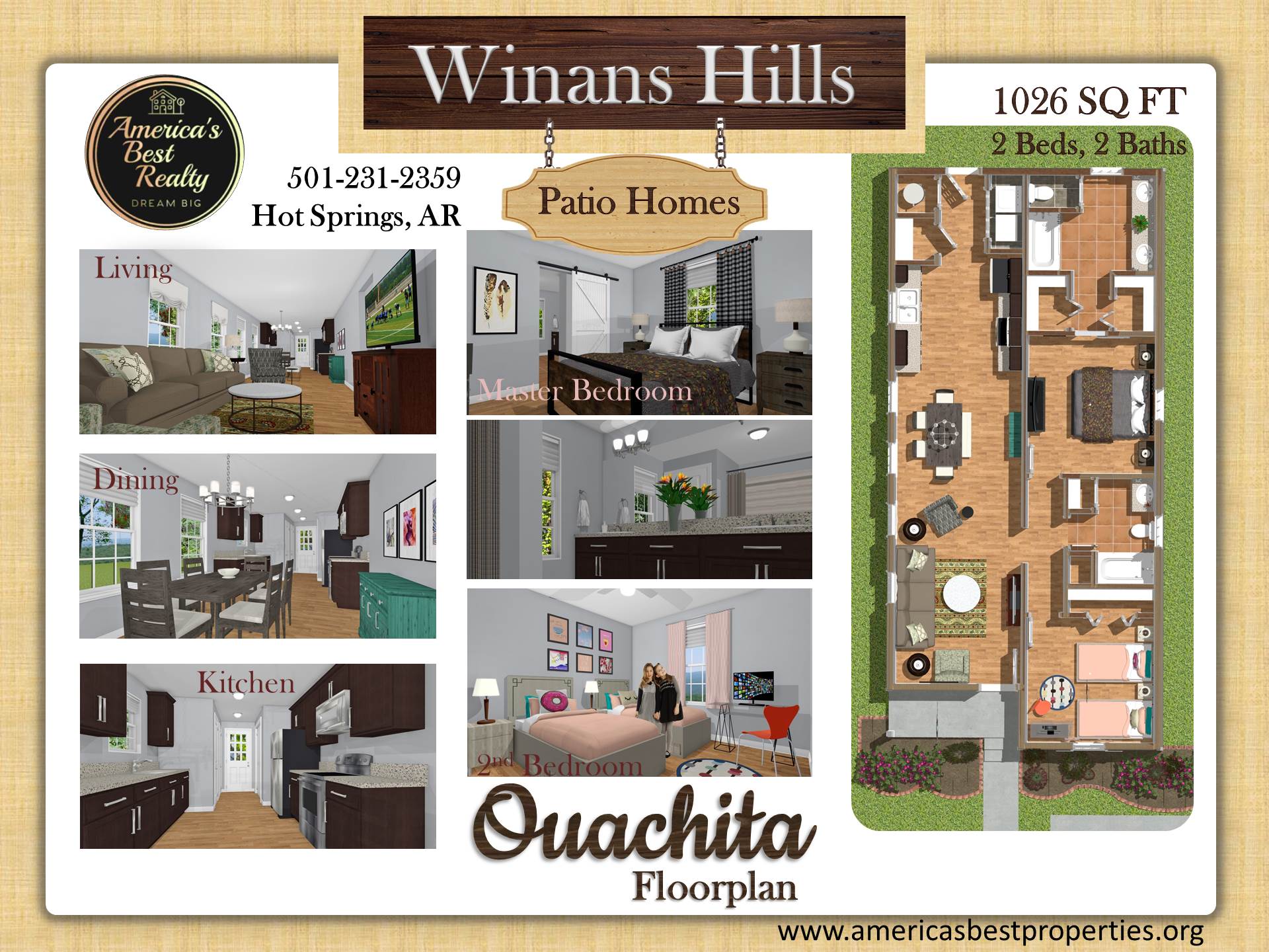 Floorplan of a house in Winans Hills, including interior views of the living room, dining room, kitchen, and bedrooms.