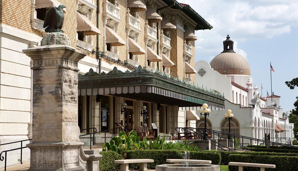 Exterior view of the ornate Fordyce Bathhouse in Hot Springs National Park, Arkansas