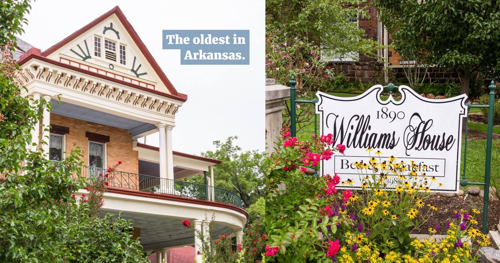 Williams House, historic bed and breakfast in Arkansas. Victorian-style house and sign.