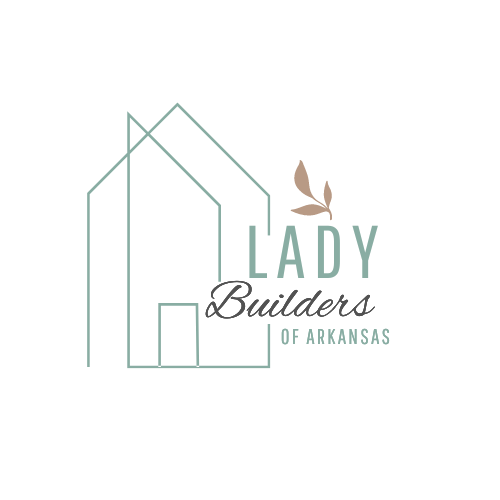 Logo of Lady Builders of Arkansas featuring a house outline, leaf, and text in teal and brown.