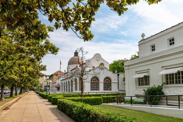 Pathway lined with trees and hedges leads to white buildings with ornate architecture. Sunny day.