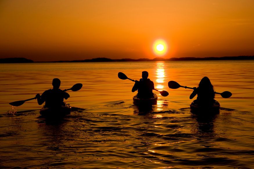 Three kayakers silhouetted on water at sunset; orange sky with sun low on horizon.