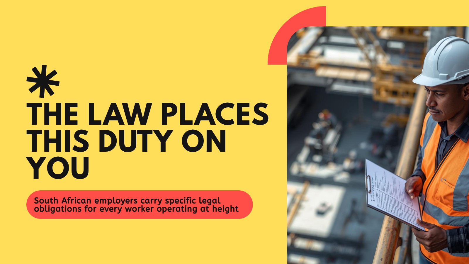 Law poster beside construction worker in orange vest and hard hat; says the law places this duty on you.