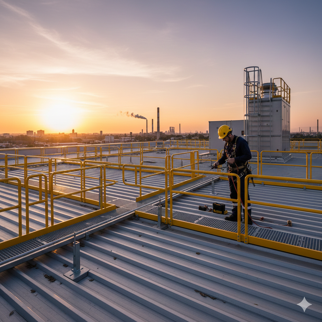 Rooftop worker with safety gear by yellow railing, at sunset. Industrial setting with chimneys.