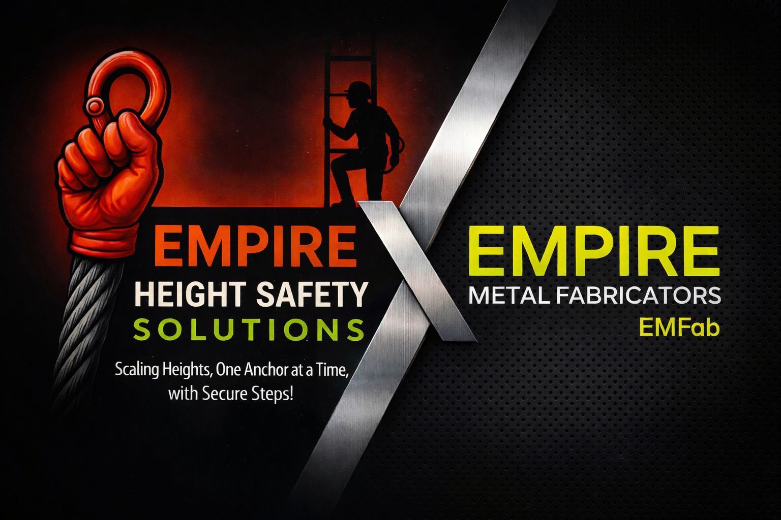 Logo: Empire Height Safety Solutions & Metal Fabricators. Features a climbing silhouette and a hand holding a hook.