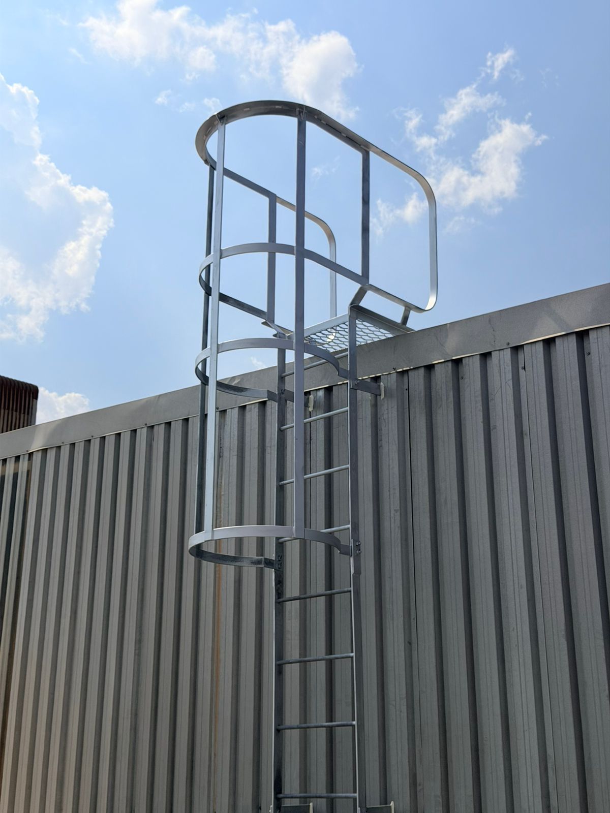 Metal ladder with a safety cage attached to the side of a building.