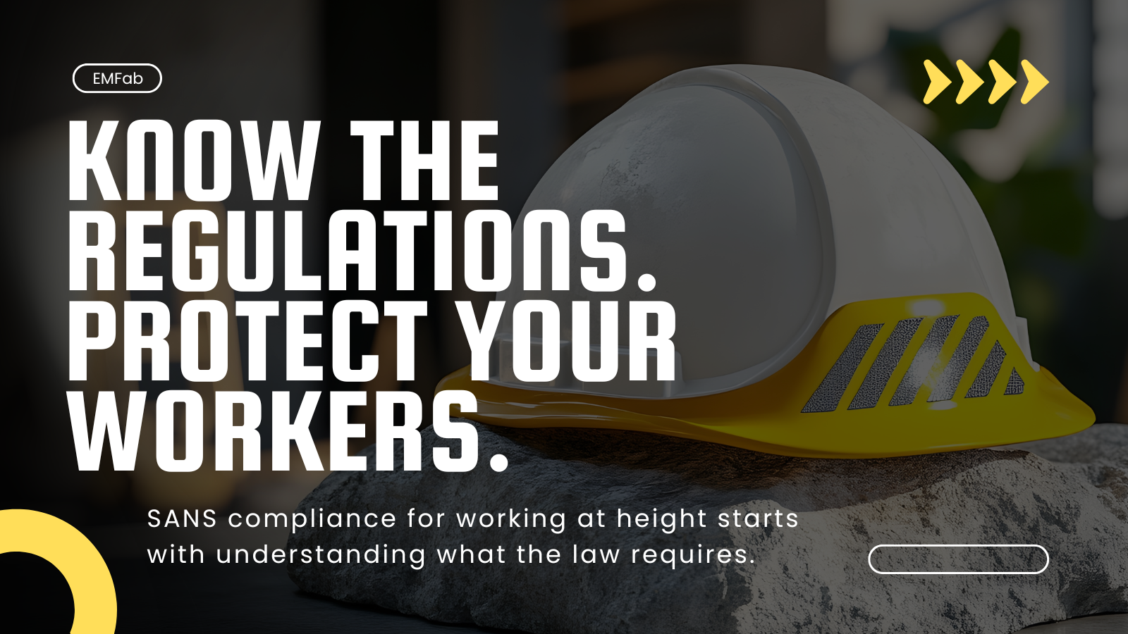 A hard hat rests on a concrete surface with the text 