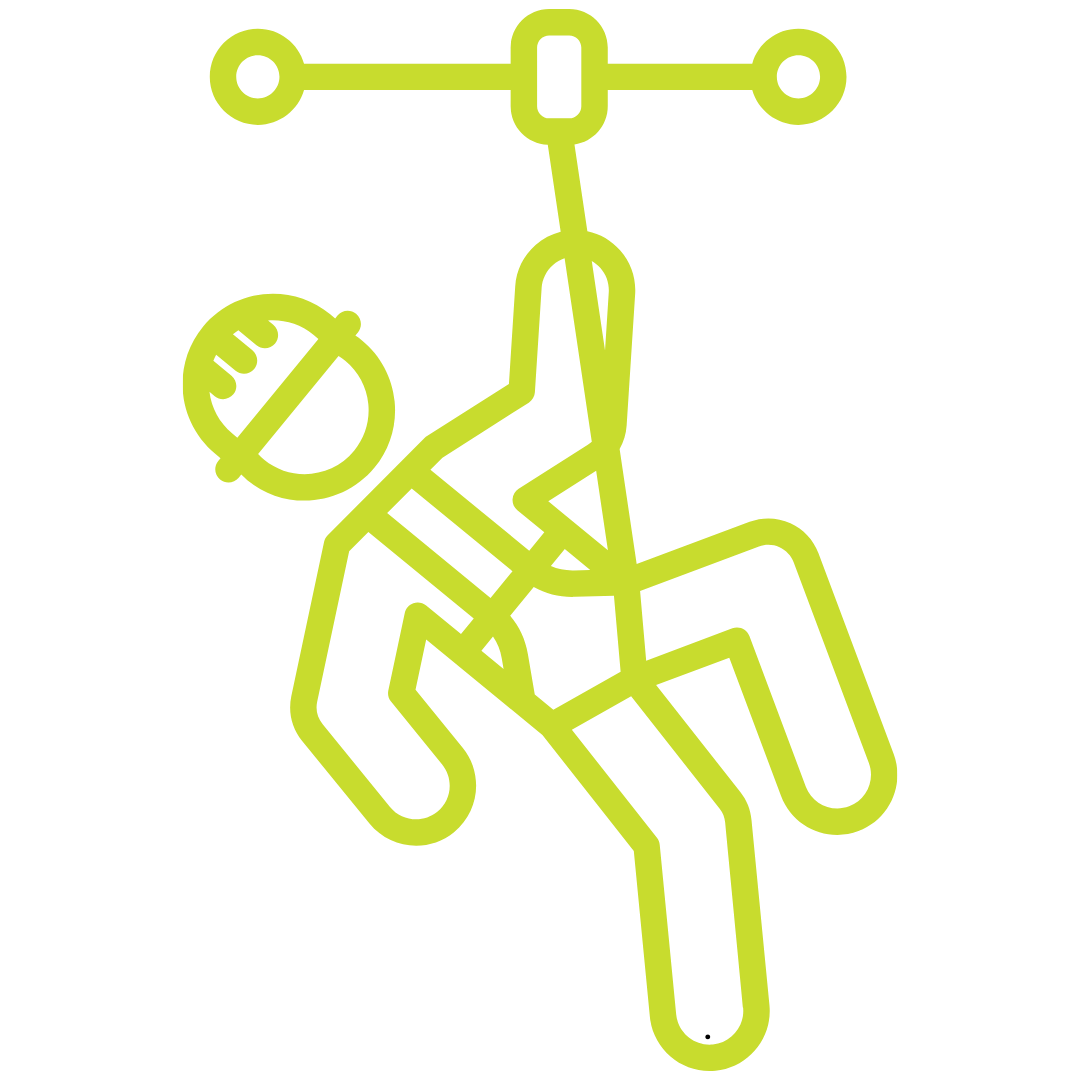 Person on a zip line wearing a helmet and harness, green outline.