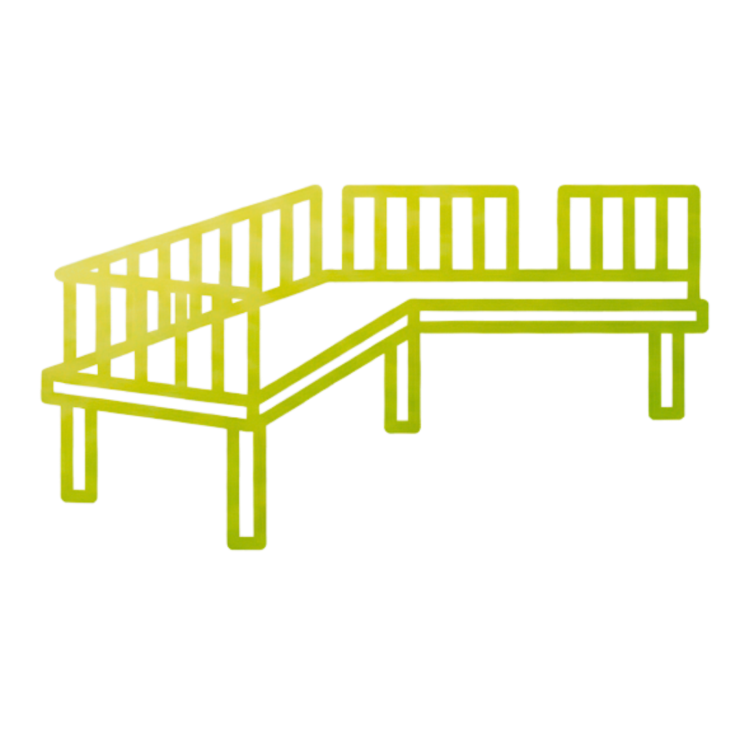 L-shaped wooden deck with railing, supported by posts, in a yellow-green gradient.