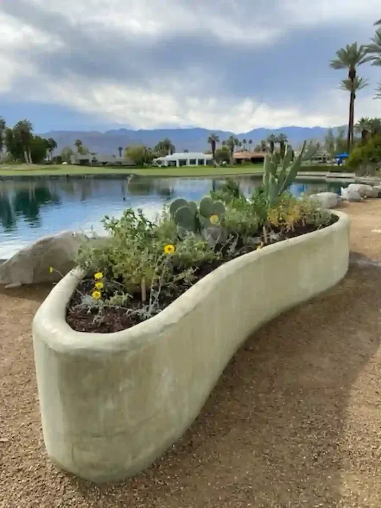 Concrete planter with desert plants sits near a lake. Mountains and palm trees are in the background.