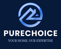 PureChoice logo with blue house icon and tagline “Your Home, Our Expertise” on a dark background