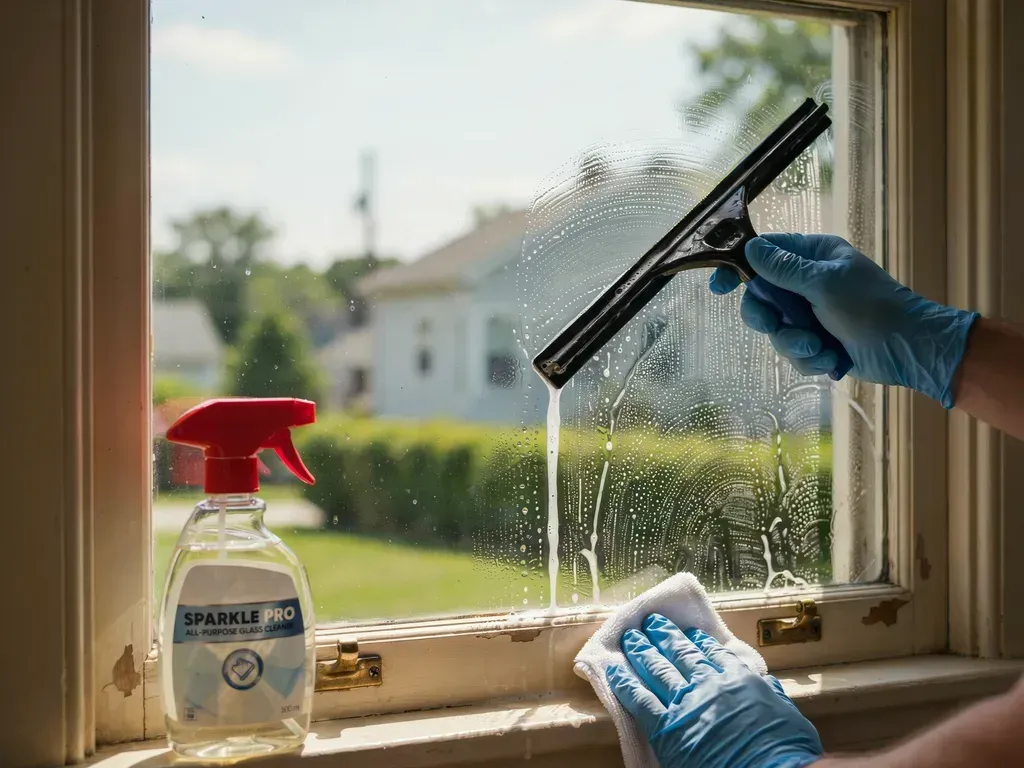 Gloved hand cleaning a window with a squeegee beside a spray bottle and cloth in a sunlit room