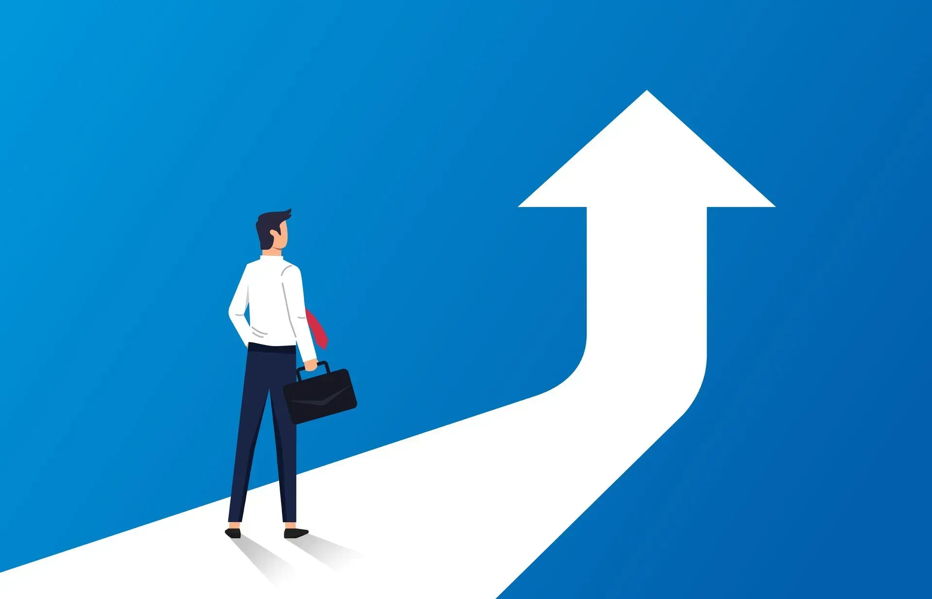 A man with a briefcase is standing on a path with an arrow pointing up.