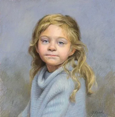 A painting of a little girl wearing a blue sweater.