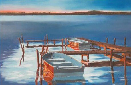 A painting of boats docked at a dock on a lake.