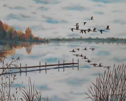 A painting of ducks flying over a lake