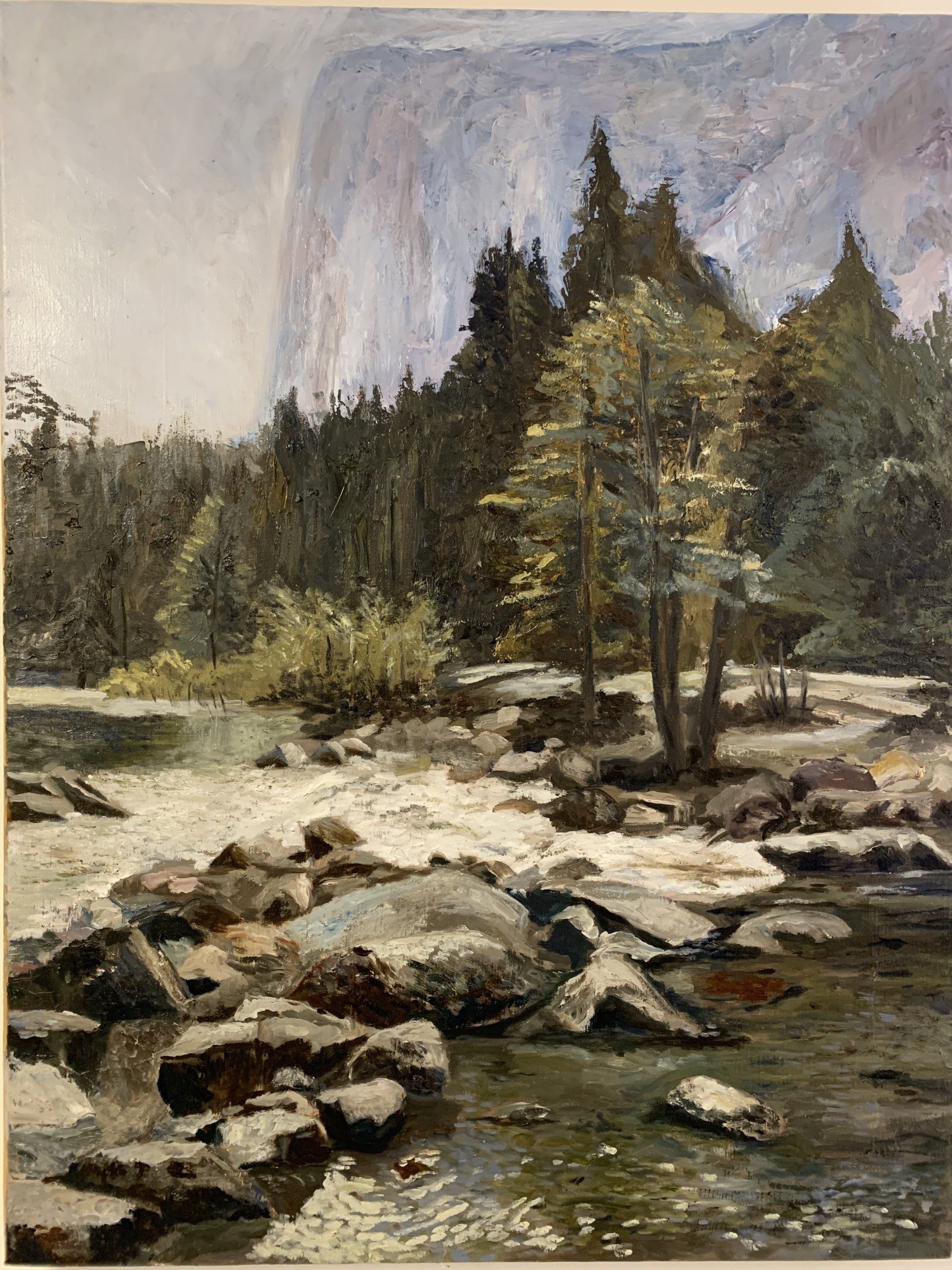 A painting of a river surrounded by trees and rocks