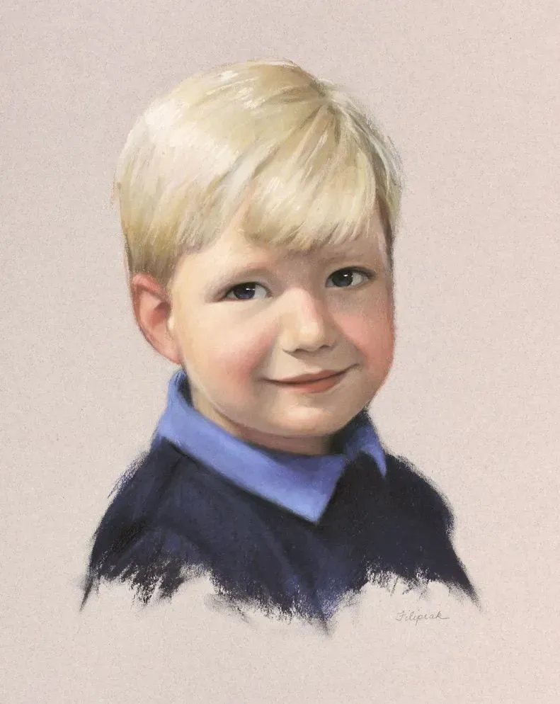 A painting of a young boy wearing a blue shirt