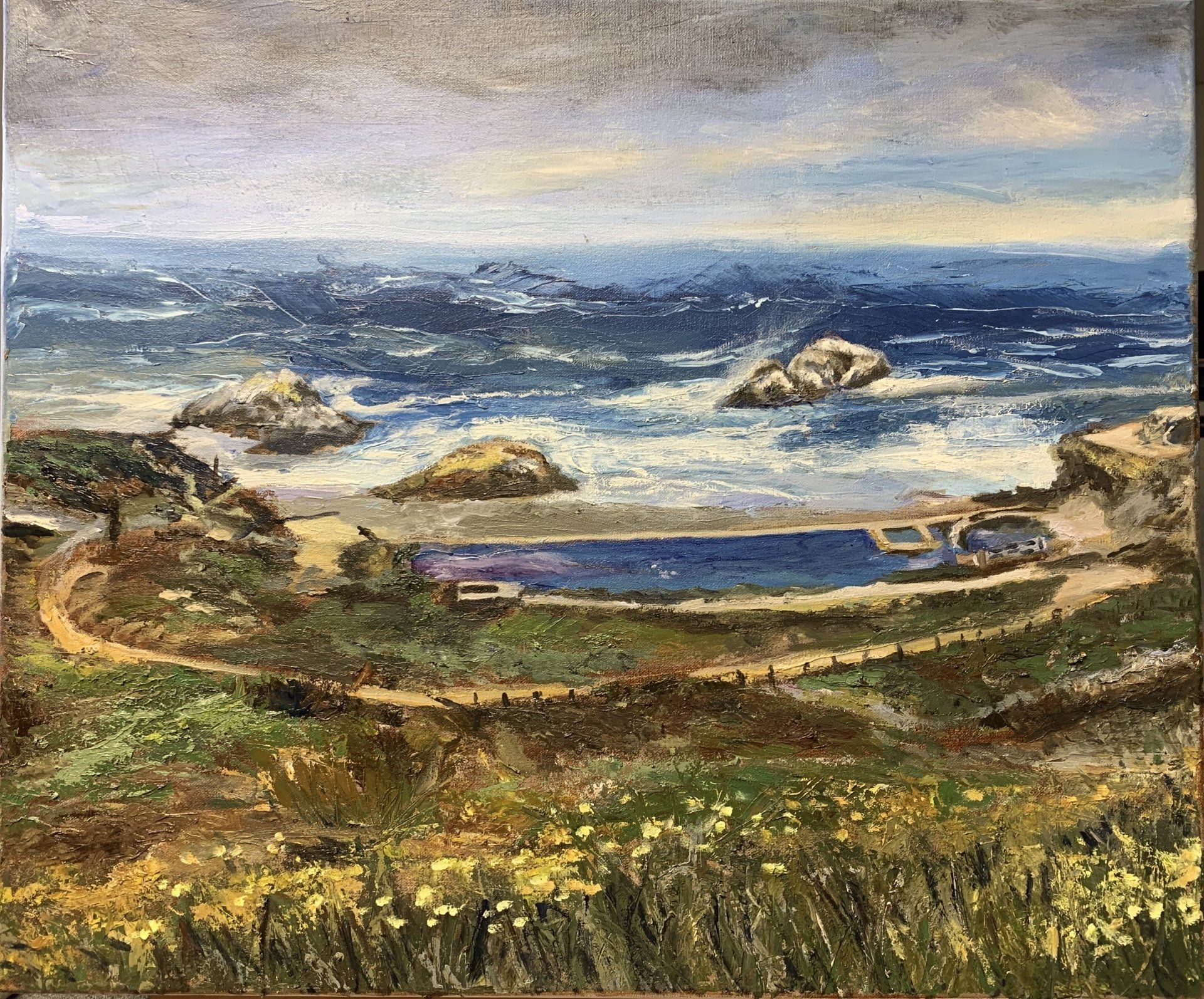 A painting of a beach with a large body of water in the background.