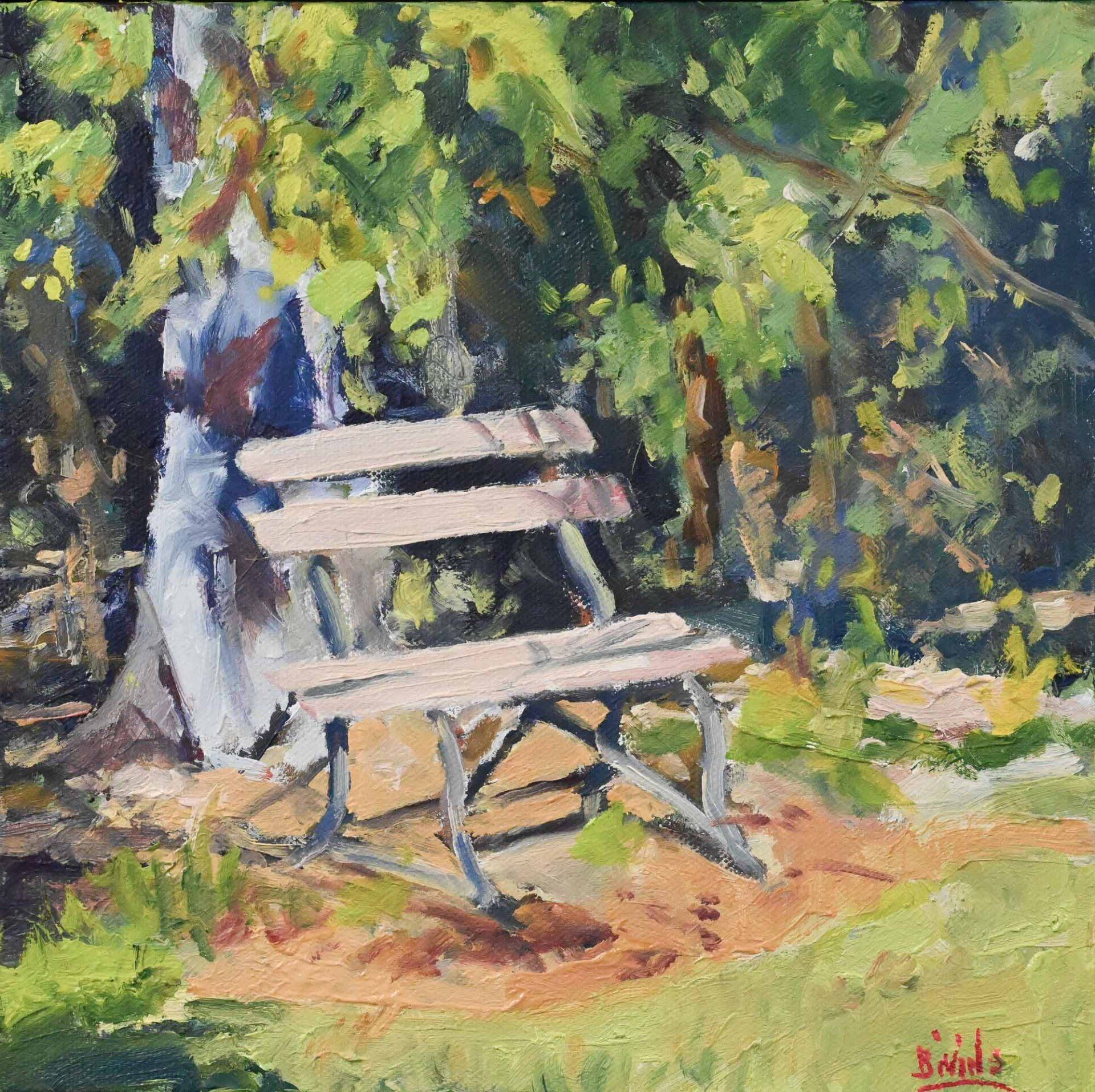 A painting of a park bench under a tree