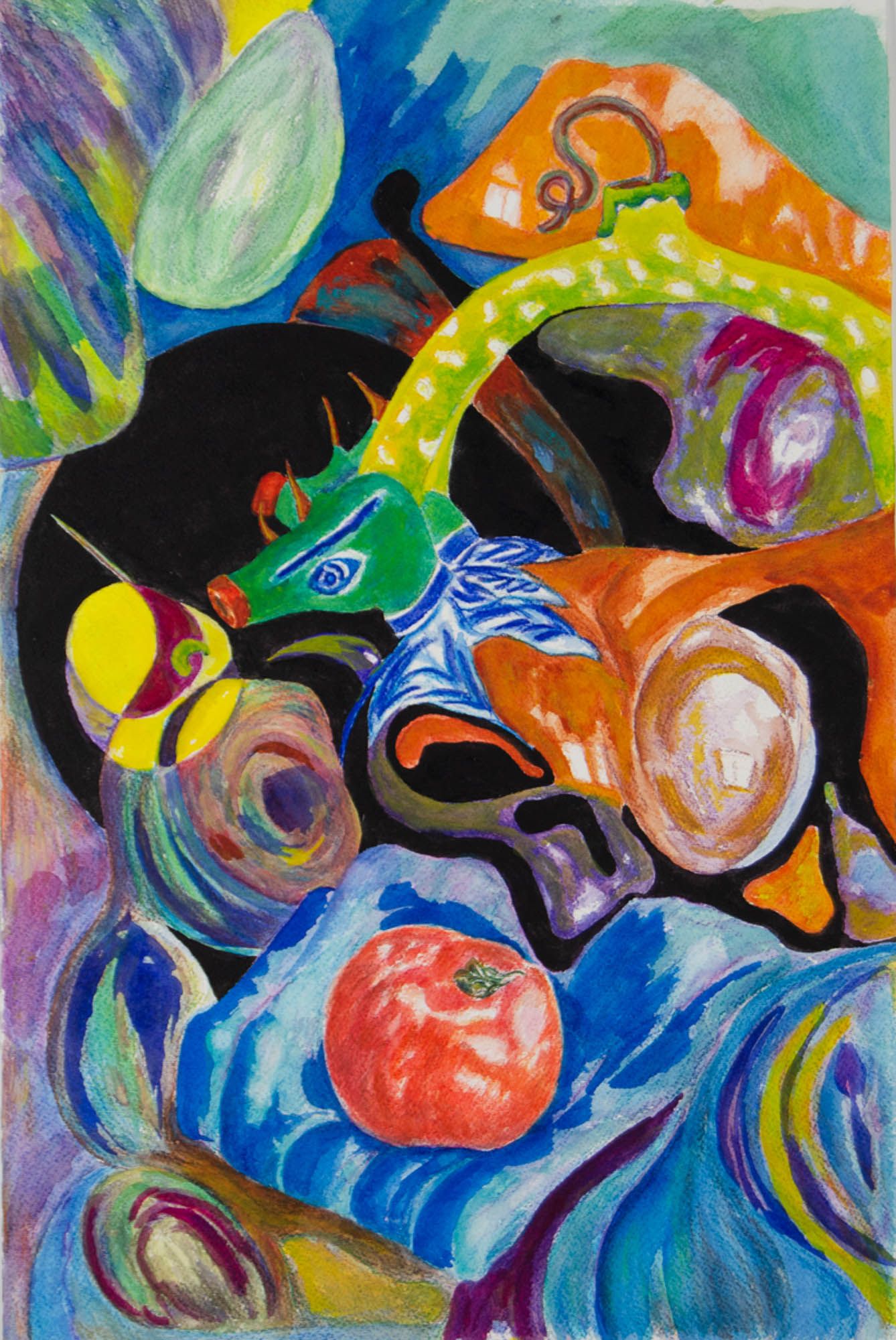 A painting of fruits and vegetables with a tomato in the middle