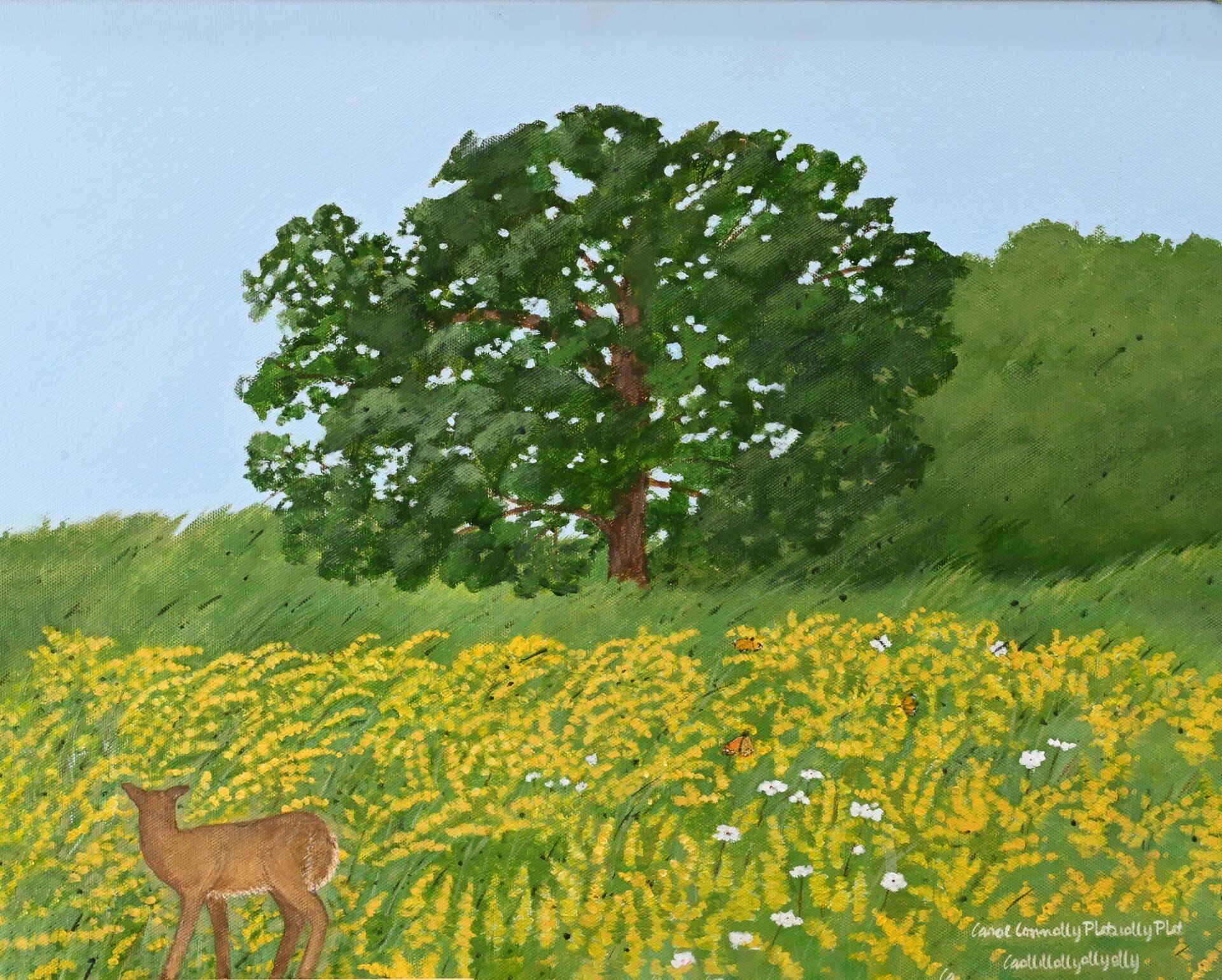 A painting of a deer in a field of yellow flowers