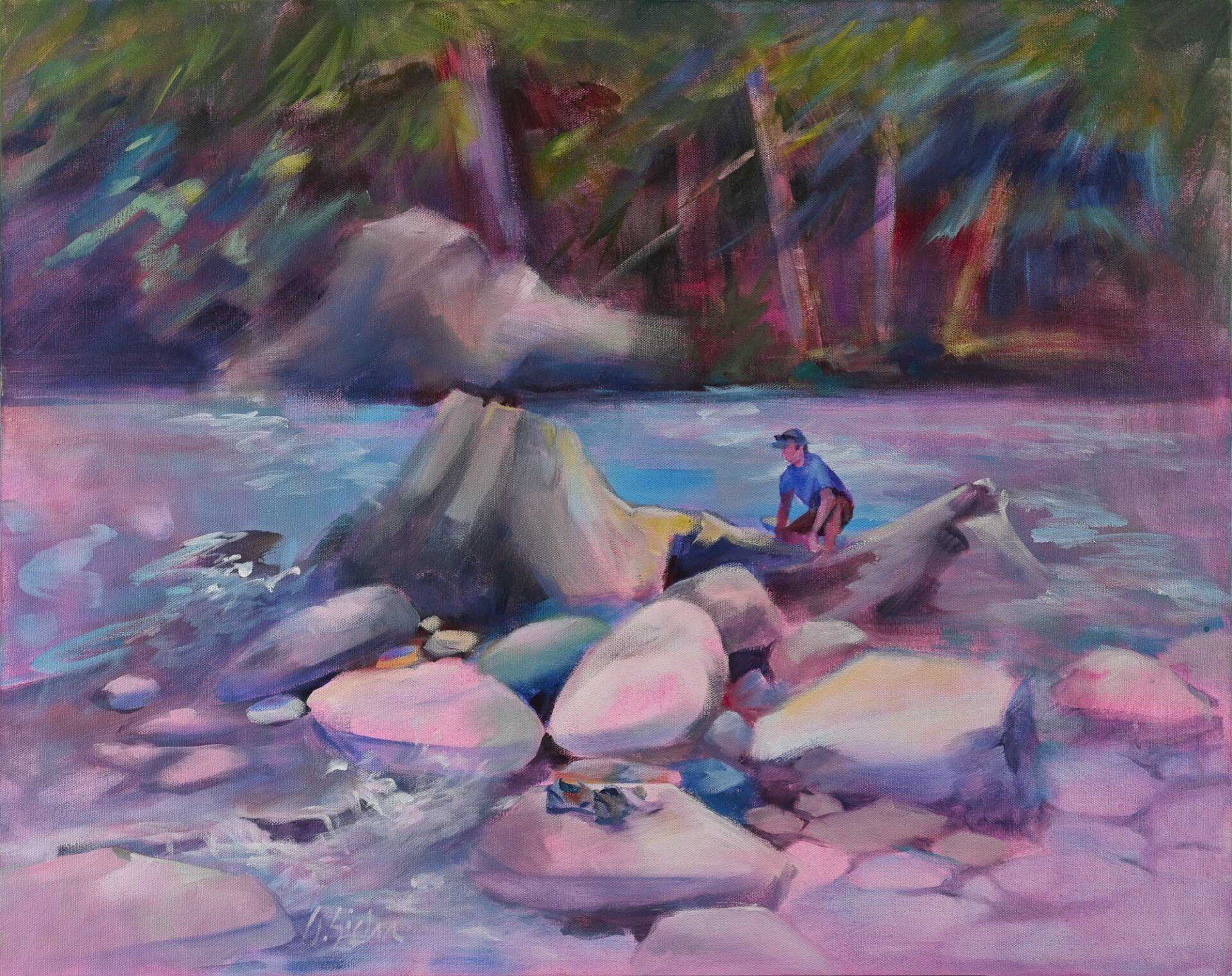 A painting of a man sitting on a rock in the middle of a river.