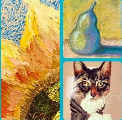 A collage of three paintings of a sunflower , a pear , and a cat.