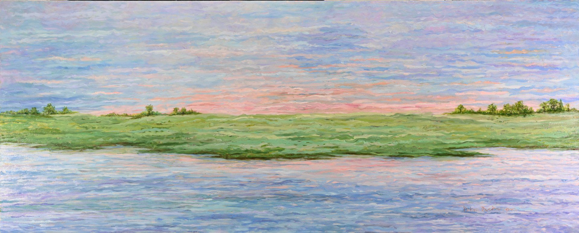 A painting of a lake with grass and trees in the background.