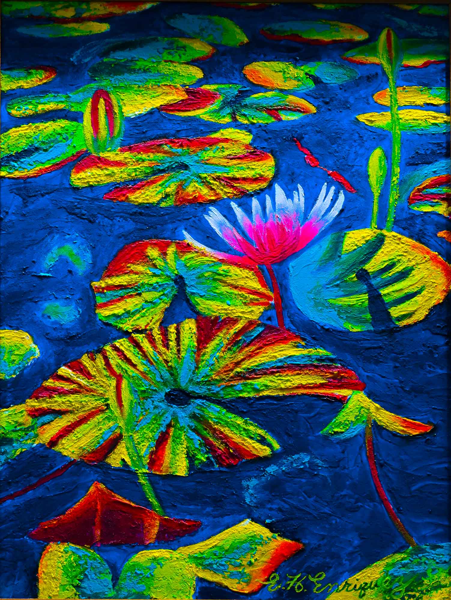 A colorful painting of water lilies in a pond.