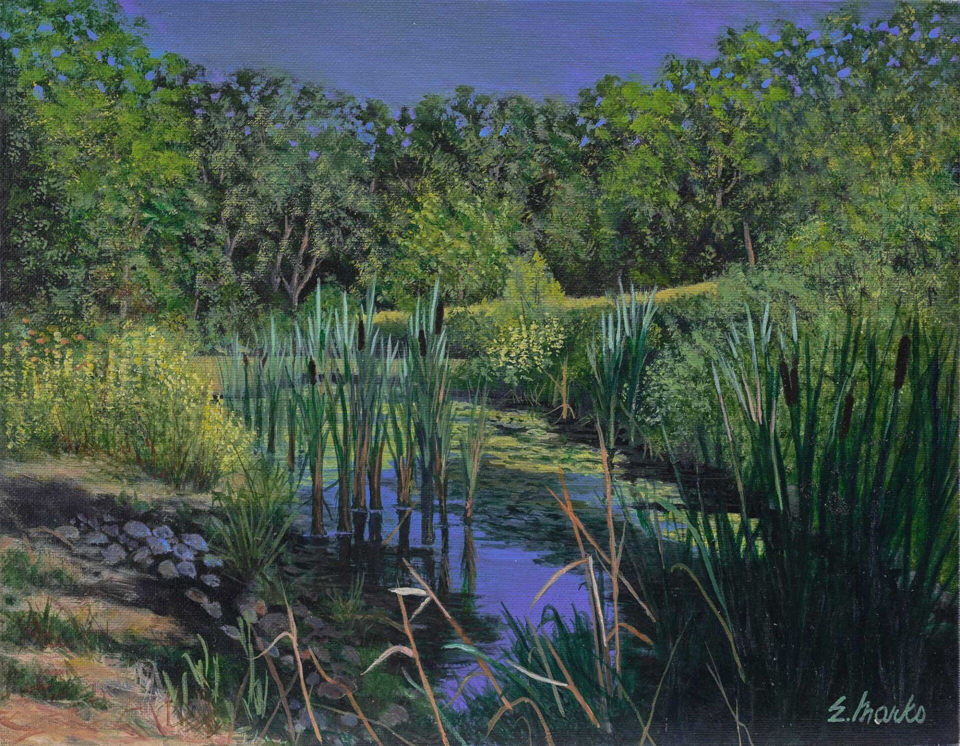A painting of a river surrounded by tall grass and trees