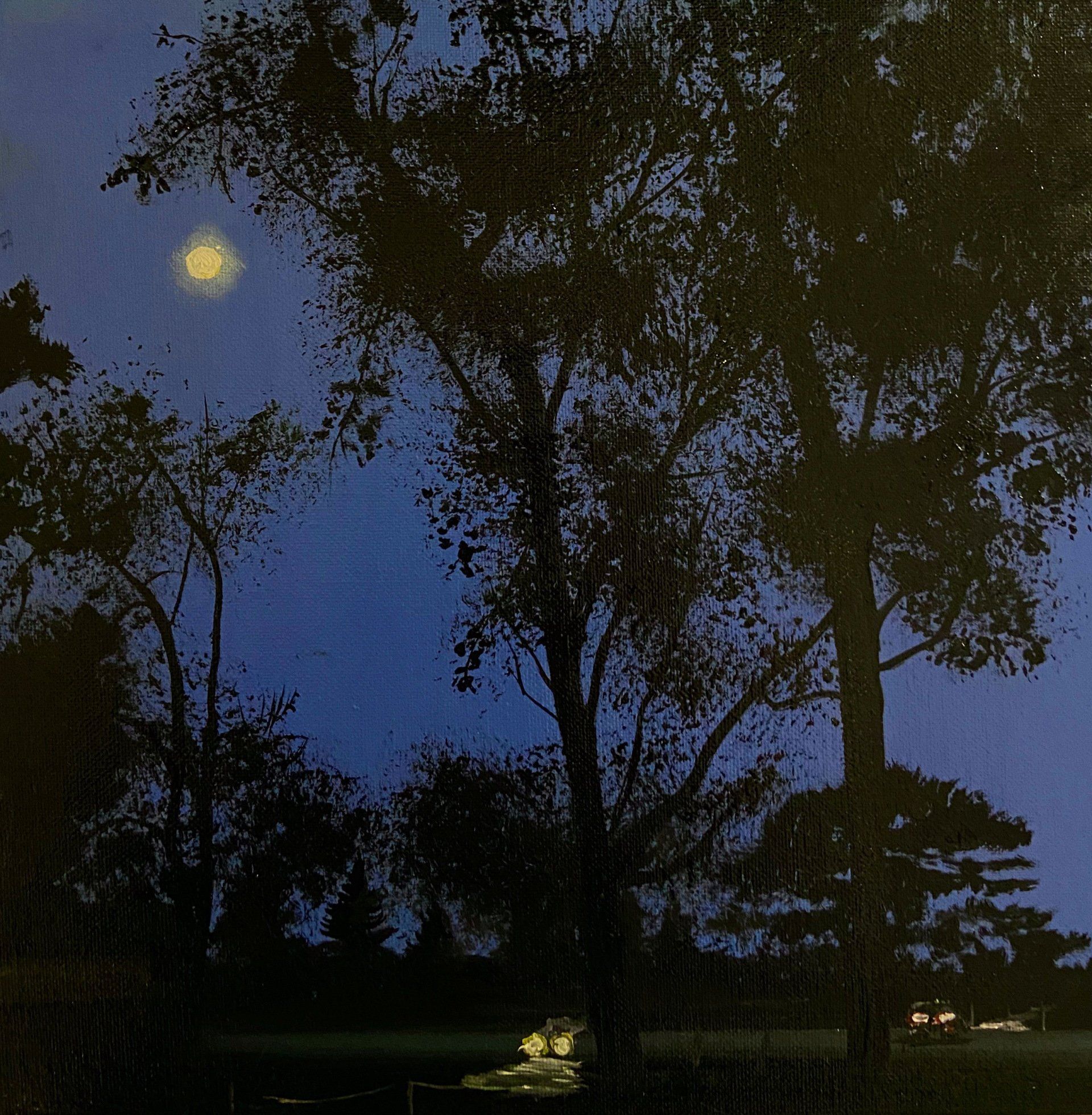 A painting of a full moon behind some trees