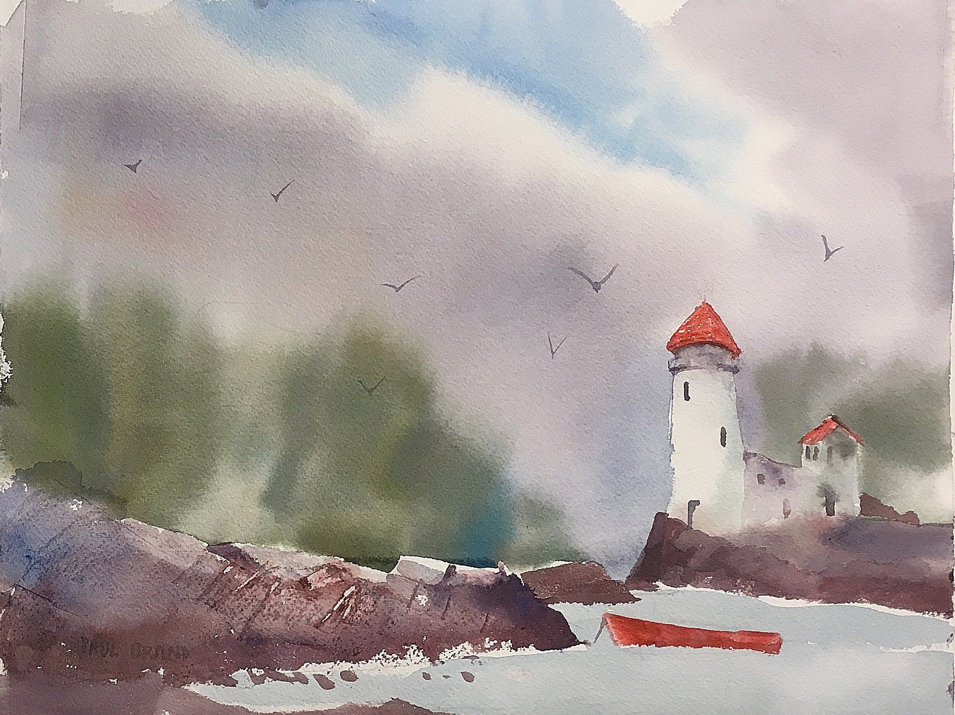 A watercolor painting of a lighthouse and a boat in the water