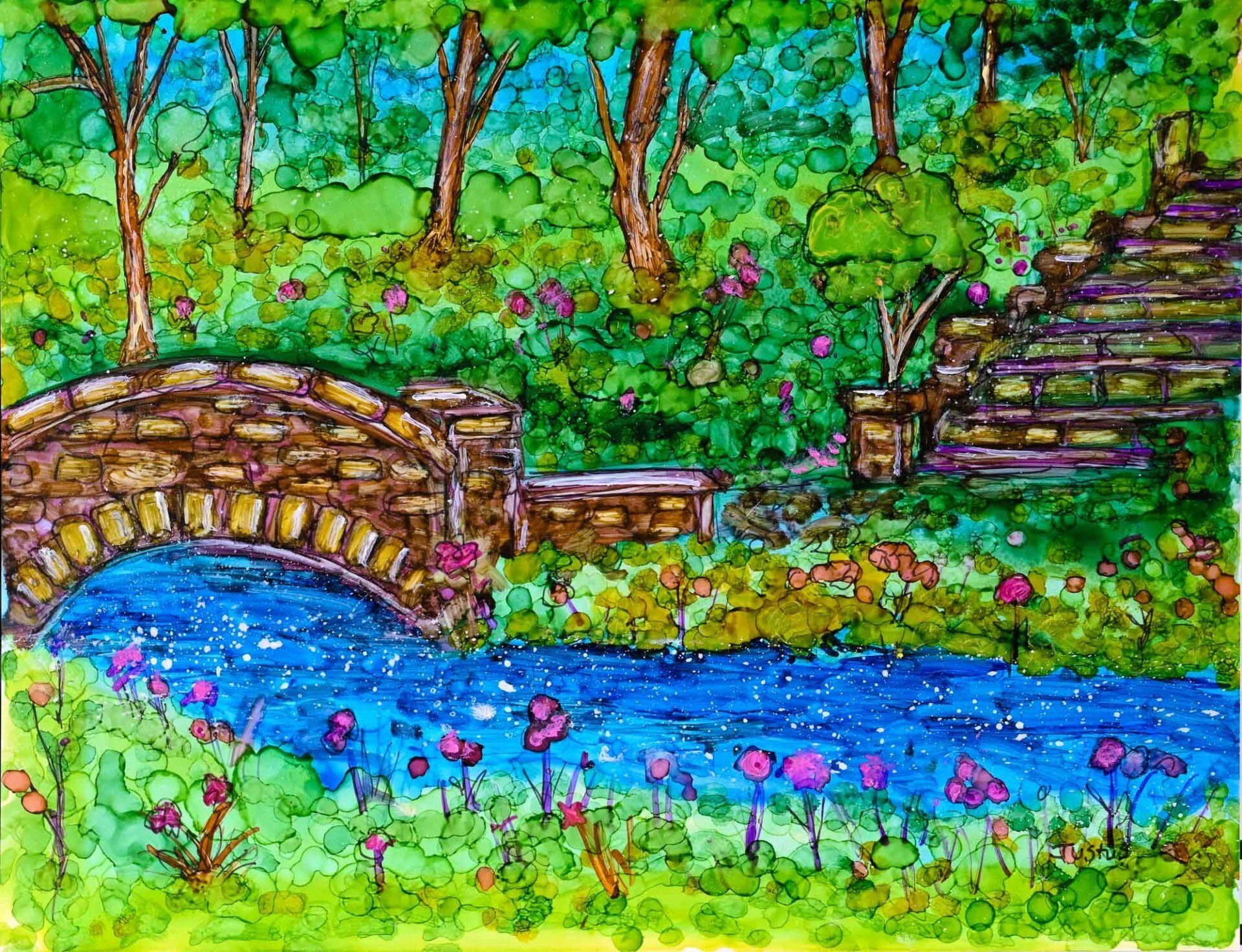 A painting of a bridge over a river in a park