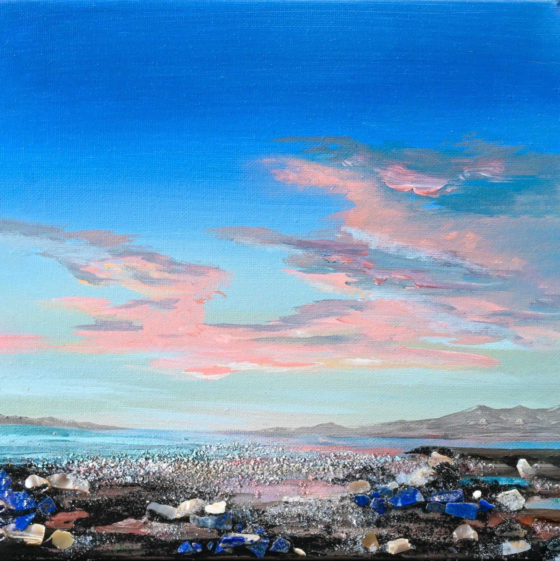 A painting of a sunset over a body of water